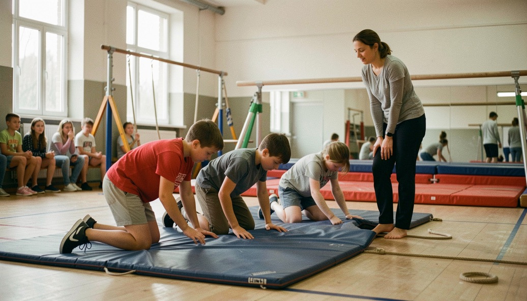 Cour d'école de cirque en fin de stage, jeunes régisseurs en basket plient un tapis de protection sous l'œil d'une professeure, cordes et agrès au fond.