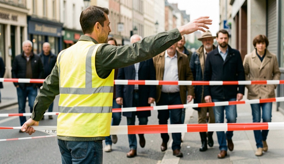 Début de représentation de rue en pleine lumière, un régisseur en gilet jaune tend le bras pour arrêter des piétons derrière un cordon de rubalise rouge et blanche.