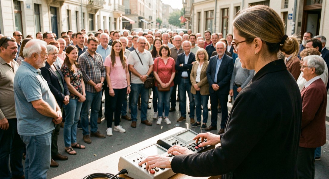 Représentation de rue en fin de matinée, un public dense debout en arc de cercle autour d'un artiste, une régisseuse au premier plan clique sur un compteur manuel.