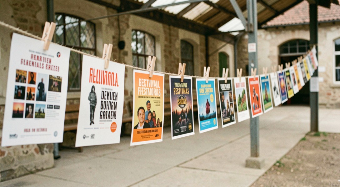 Rangée de programmes papier de festivals agrafés sur un fil tendu dans un préau, vent léger, exemplaires de couleurs différentes.