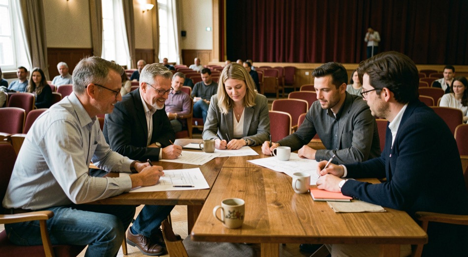 Une table de salle des fêtes en fin de séance, feuilles manuscrites numérotées, stylos et gobelets, lumière de fin d’après-midi par la fenêtre, cadrage serré sur les pages.