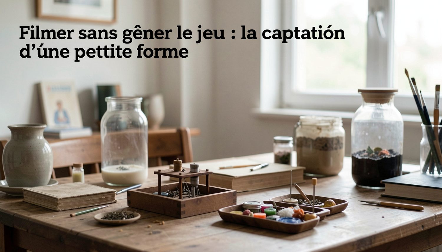 Une petite caméra sur trépied discret au bord d’une place, un régisseur note le plan de jeu sur un carnet à côté du pied.