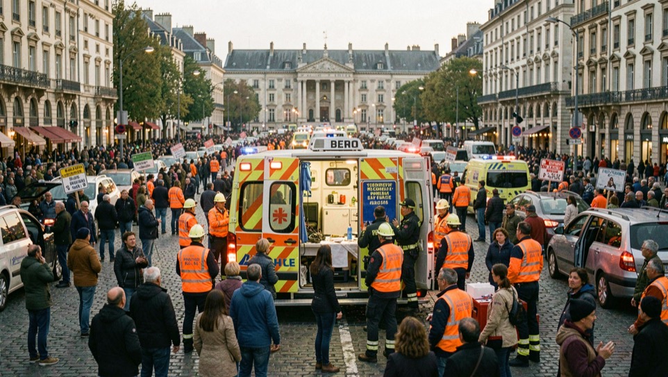 Grande place de festival en début de soirée, panneaux de circulation de foule et agents de sécurité en gilet orange autour d'un dispositif de premiers secours.