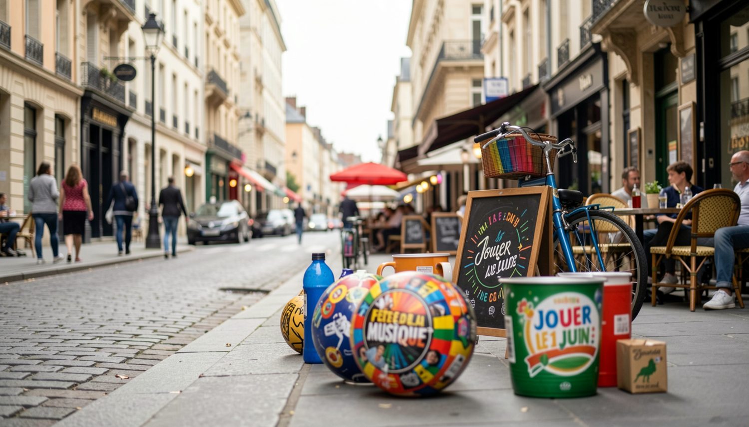 Rue piétonne bondée un soir de juin, musiciens et passants mélangés, affiches de la Fête de la Musique sur les vitrines.