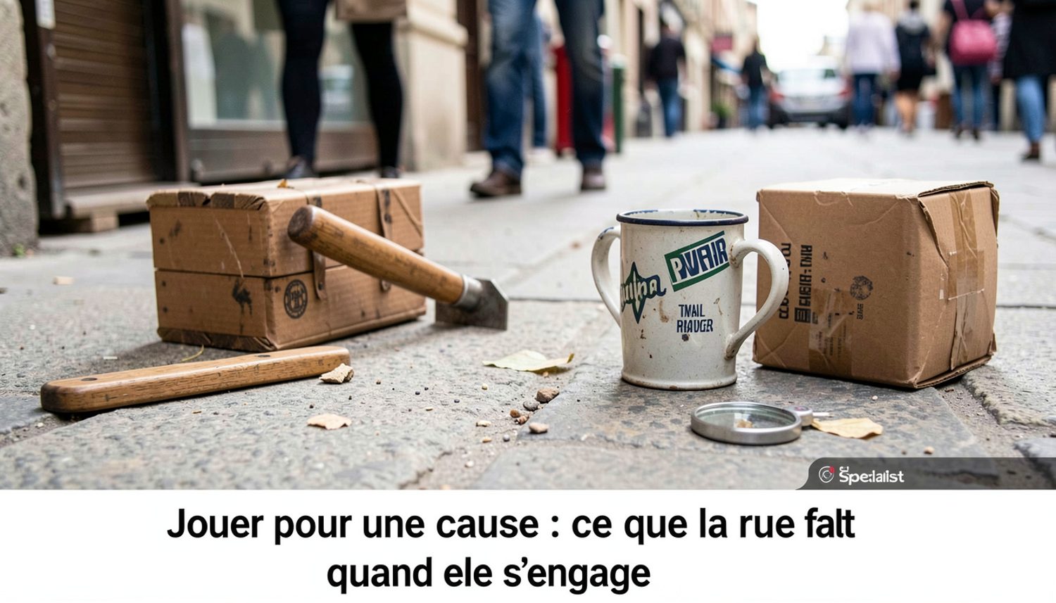 Petite scène de rue devant un stand d’association, banderole et urne de pétition, spectateurs arrêtés entre jeu et stand.