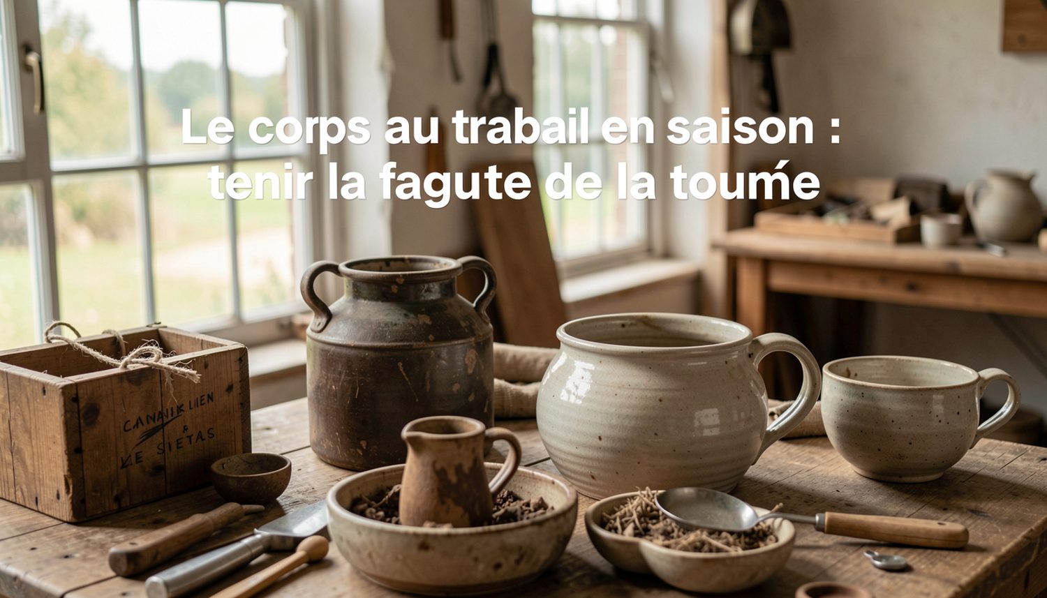 Interprète de rue assis sur une caisse entre deux passages, gourde et serviette à côté, chaussures de travail usées.