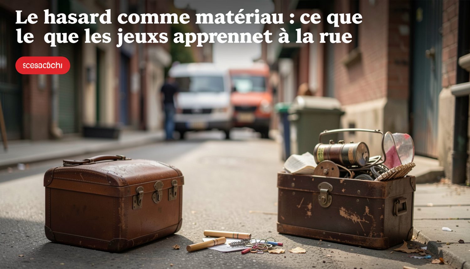 Trois gobelets retournés sur une petite table de foire, une main qui soulève le bonneteau, des passants penchés autour, jetons en bois alignés.