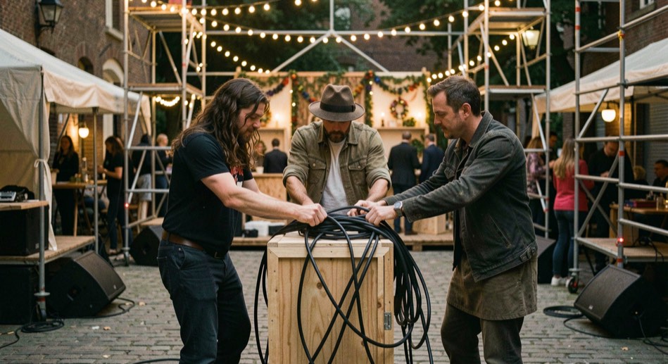 Coulisses de fête de rue en soirée, trois artistes en tenue de scène replient des câbles autour d'une caisse en bois, guirlandes et échafaudage du décor en arrière-plan.