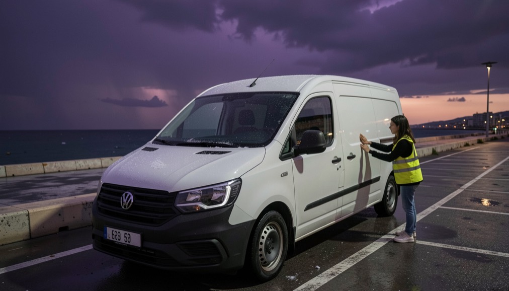 Un fourgon blanc garé face à la mer sous un ciel d’orage violet, le toit constellé de petites bosses brillantes, un comédien en gilet jaune inspectant le capot après la pluie.