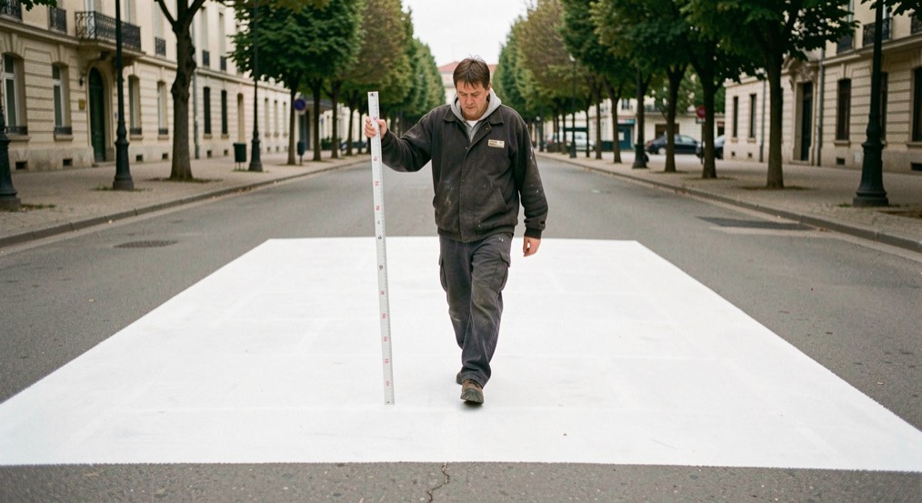 Sol de place municipale marqué à la peinture blanche d'un grand rectangle, un artiste en tenue de répétition marche le long du trait avec un décamètre en main.