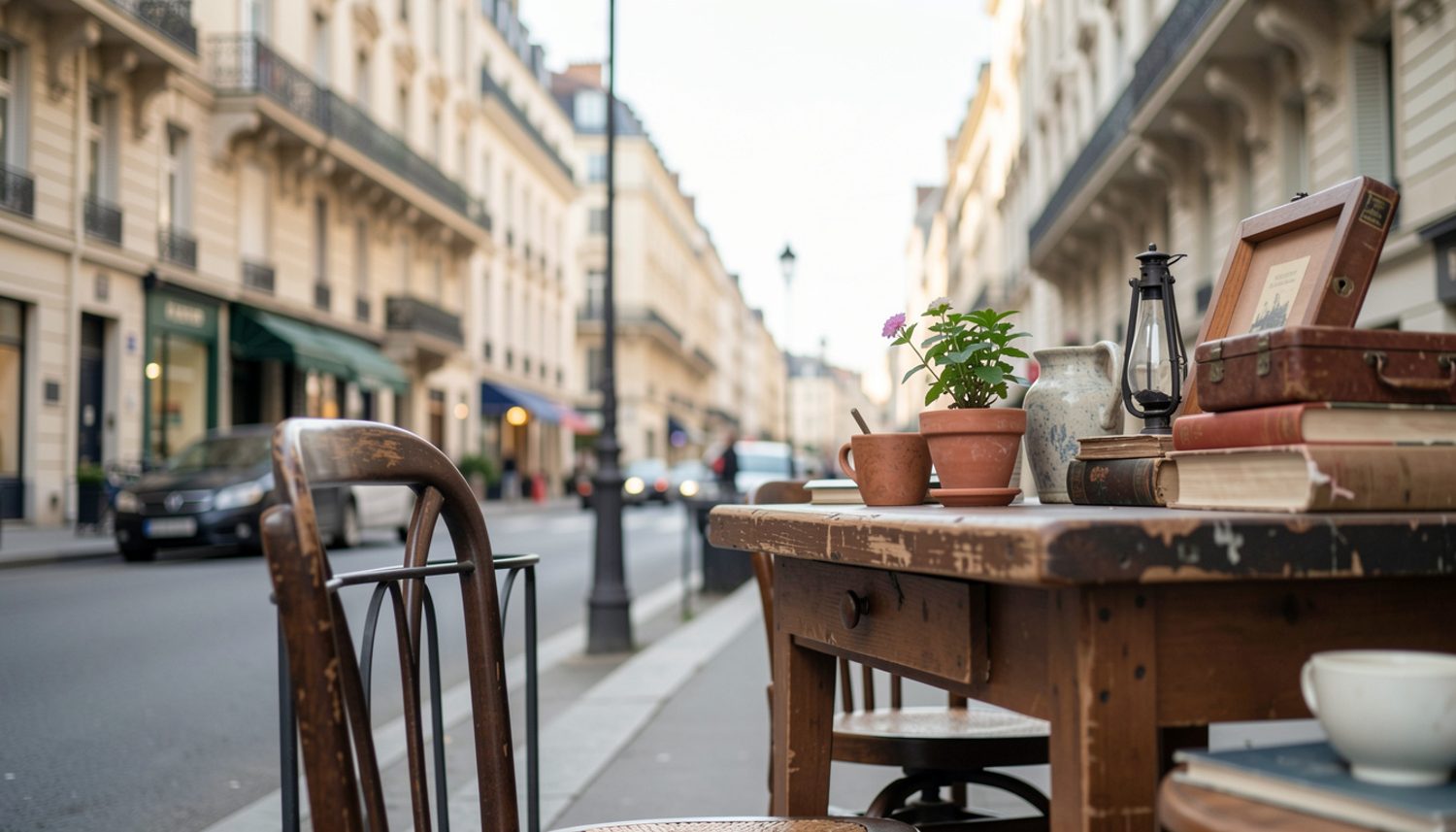 Vitrine d’un bar de quartier couverte de flyers de soirées, un carnet ouvert posé sur le comptoir à côté d’une carte de la ville.
