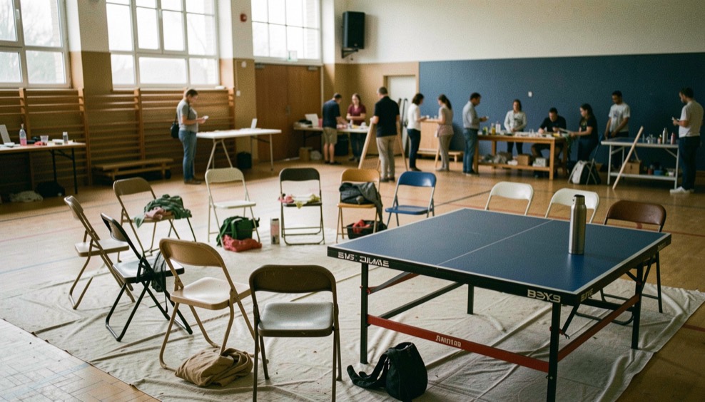 Gymnase communal transformé en atelier de création, structures de spectacle au sol, chaises pliantes en cercle et thermos posés sur une table de ping-pong.