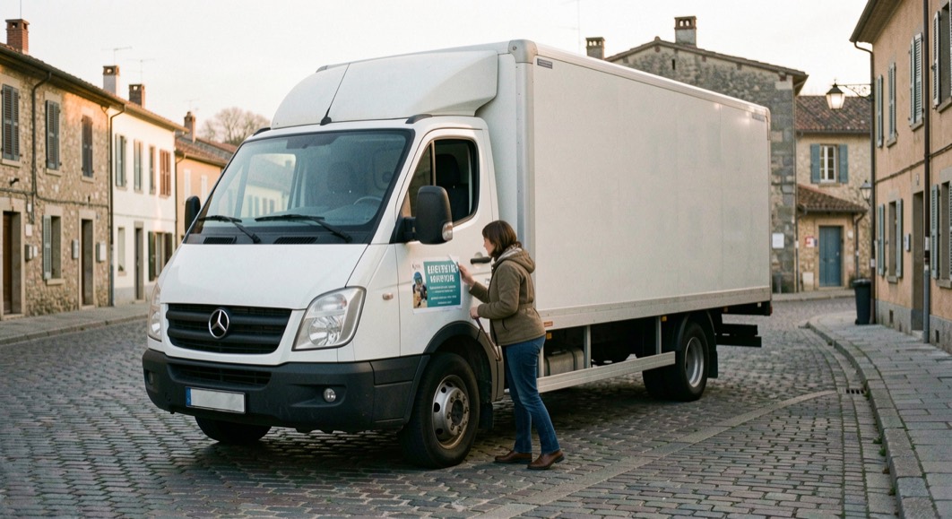 Rue de petite ville au petit jour, un camion de compagnie garé en épi sur une place, une régisseuse descend du poste de conduite, plan de chargement scotché sur la portière.