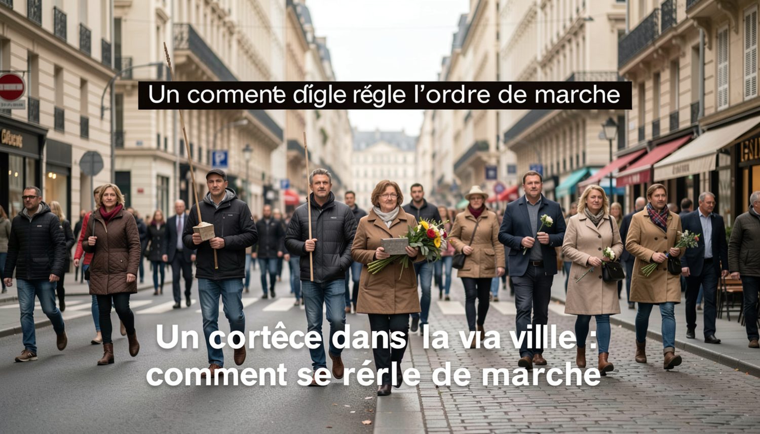 Cortège de fête vu de trois quarts, porte-drapeaux en tête, fanfare derrière, spectateurs rangés sur le trottoir.