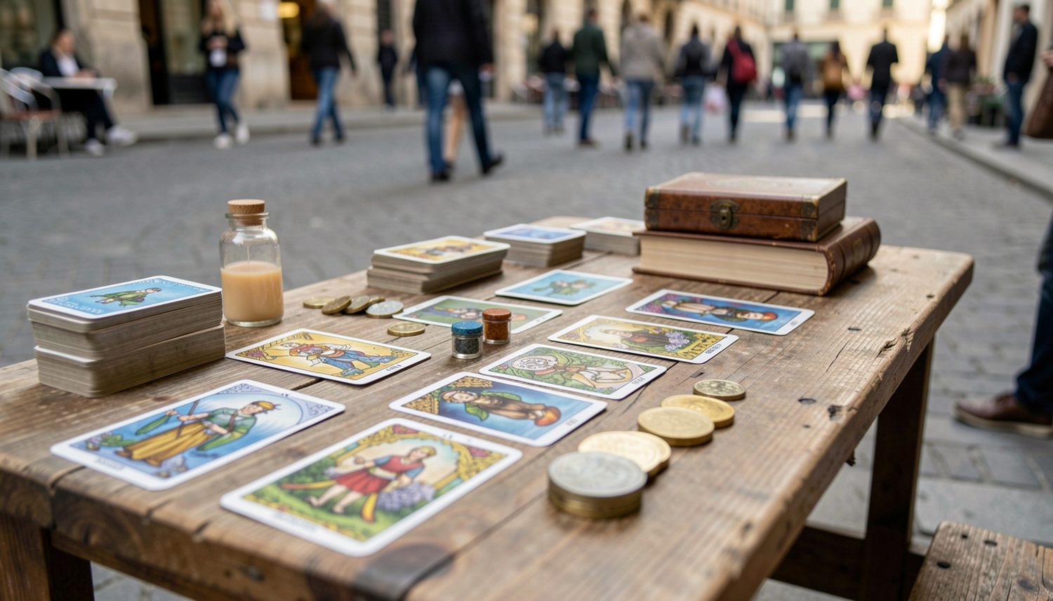 Petite table pliante recouverte d’une nappe sombre au bord d’une place, un jeu de tarot étalé en croix, une chaise vide face au côté du lecteur.