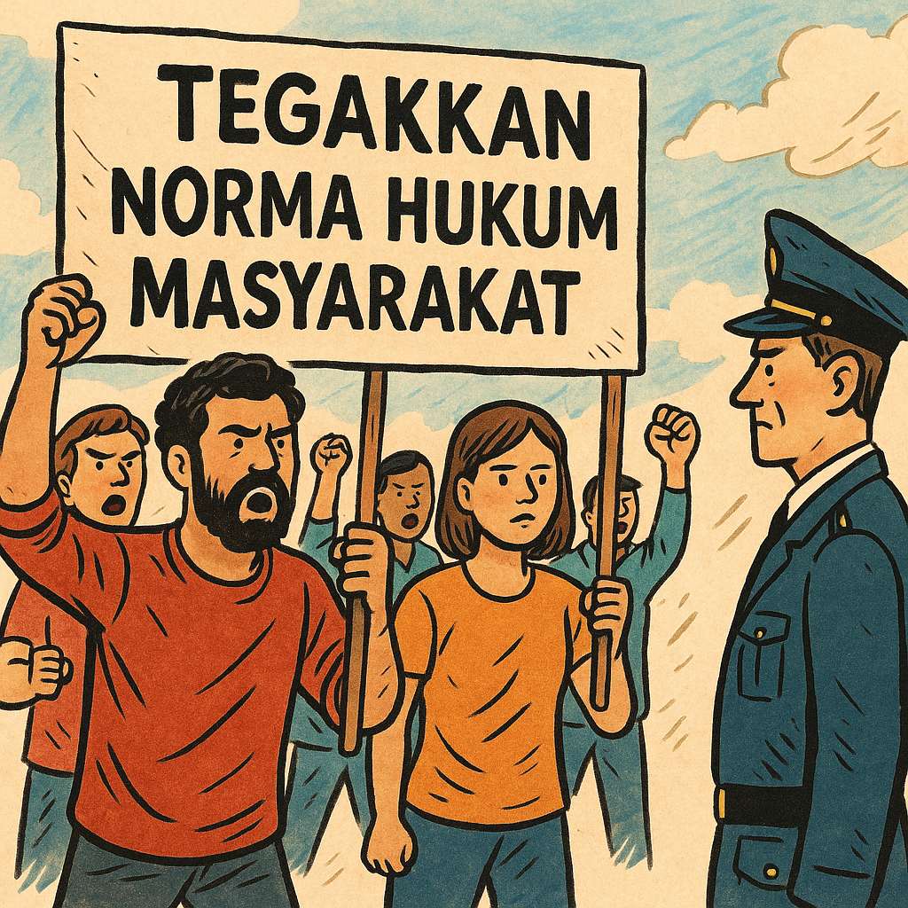Sekelompok warga melakukan aksi protes damai di jalan kota, membawa spanduk bertuliskan ‘Tegakkan Norma Hukum Masyarakat’, menuntut keadilan hukum atas kasus diskriminasi seperti yang dialami Pratiwi Noviyanthi.