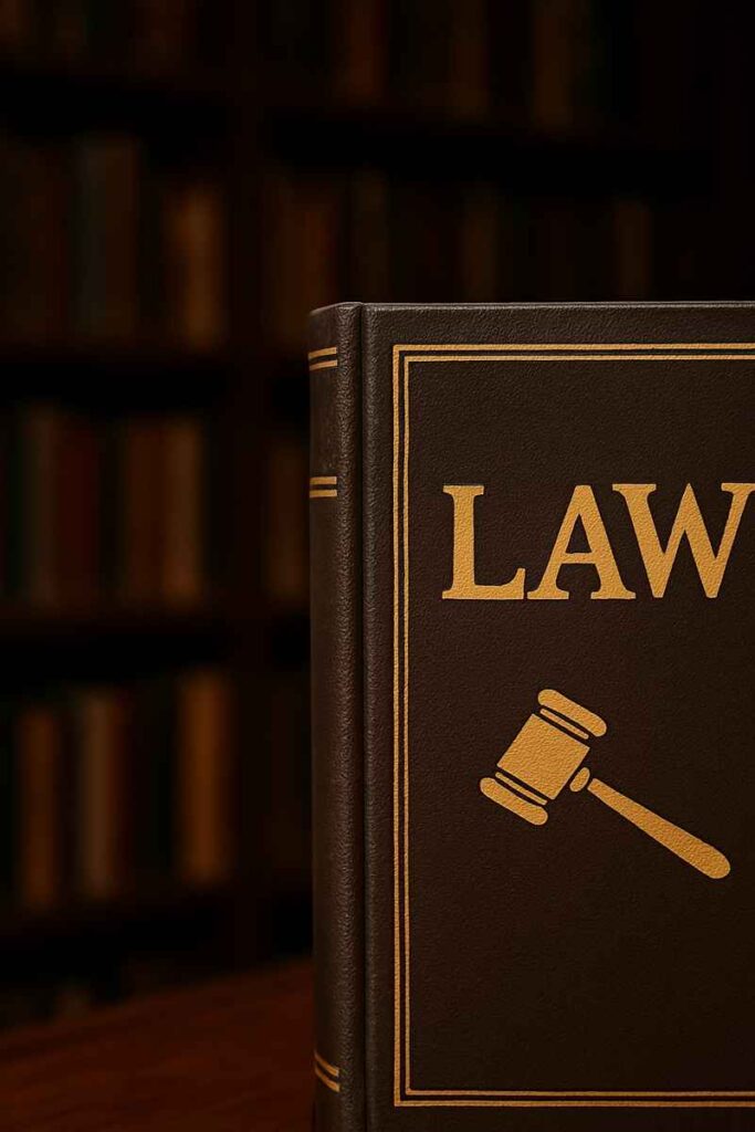 Bagian depan buku hukum berkulit cokelat dengan judul "LAW" dan simbol palu hakim berwarna emas, terlihat sebagian di sisi kanan gambar dengan latar belakang rak buku perpustakaan yang remang-remang.