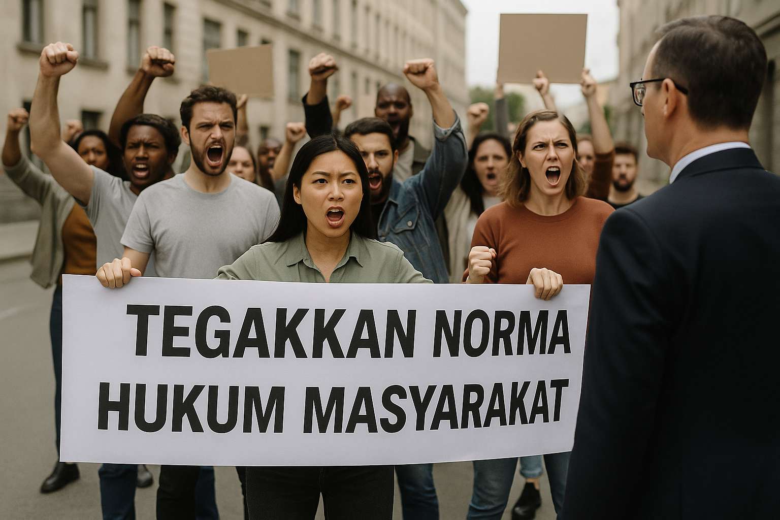 Sekelompok warga melakukan aksi protes damai di jalan kota, membawa spanduk bertuliskan ‘Tegakkan Norma Hukum Masyarakat’, menuntut keadilan hukum atas kasus diskriminasi seperti yang dialami Pratiwi Noviyanthi.
