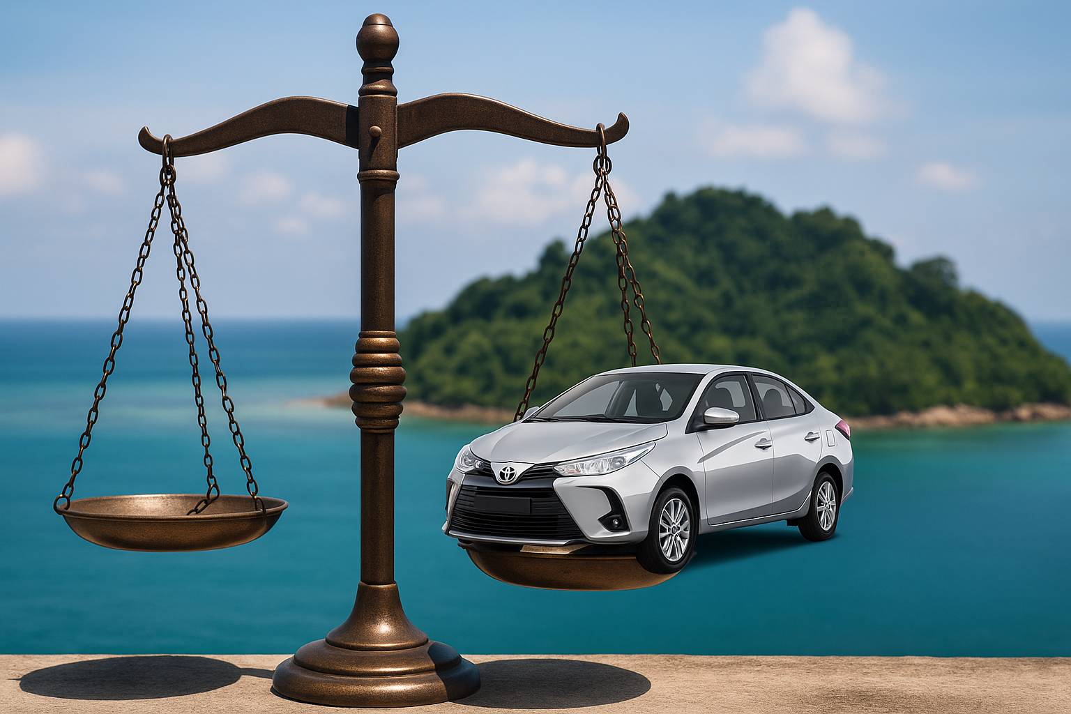 Gambar mobil Toyota berada di atas timbangan hukum dengan latar belakang pulau, menggambarkan keseimbangan antara regulasi hukum dan perkembangan industri otomotif di Indonesia.